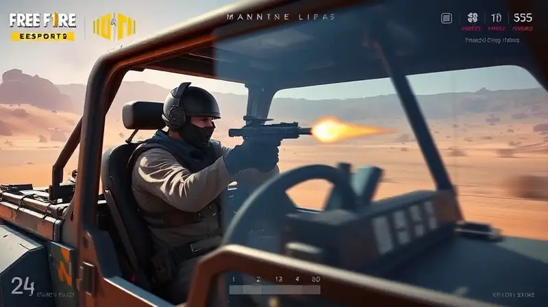 Juego Free Fire: personaje disparando desde vehículo