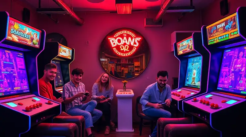 Cinco amigos juegan juntos en arcade