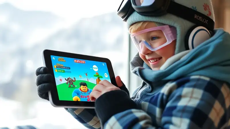 Niño juega Roblox en tablet invierno
