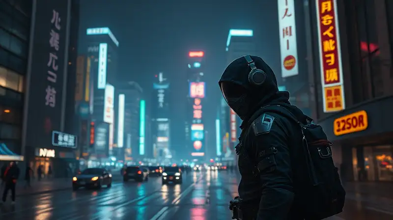 Ciudad futurista nocturna con personaje sigiloso
