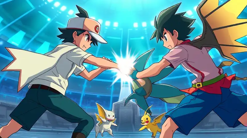Dos entrenadores Pokémon luchan con estrategia