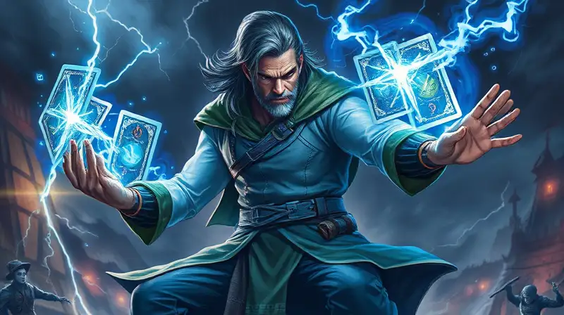 Mago eléctrico poderoso en batalla tormentosa