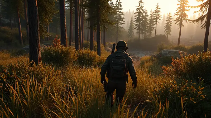 Jugador de Rust camuflado en bosque denso