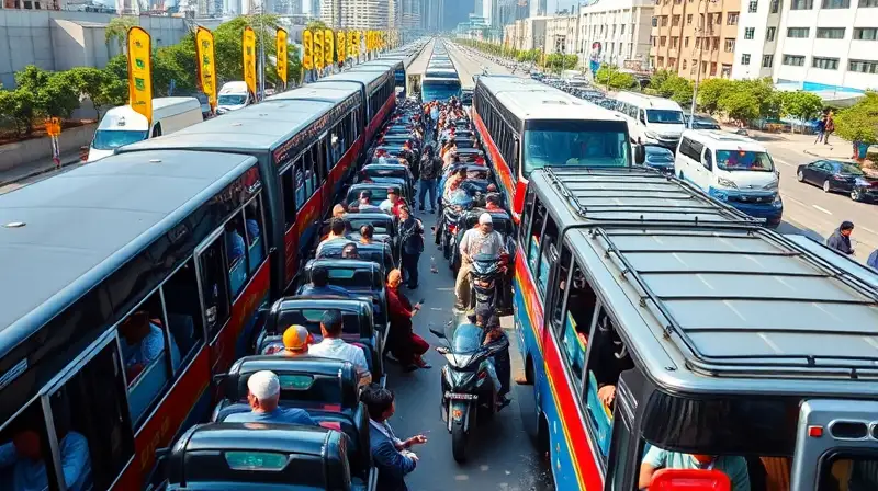 Vehículos grandes con pasajeros en ciudad