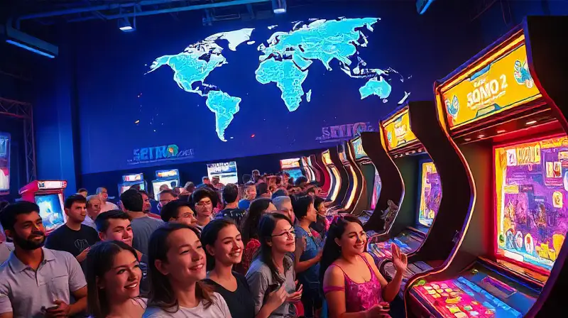 Arcade retro vibrante con jugadores felices