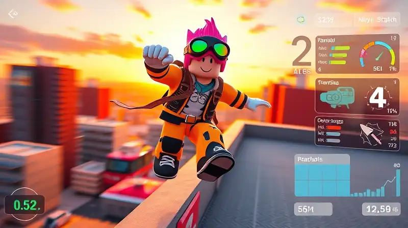 Avatar de Roblox haciendo parkour en azotea