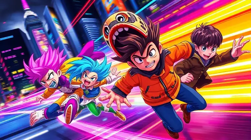 Personajes vibrantes en ciudad futurista dinámica