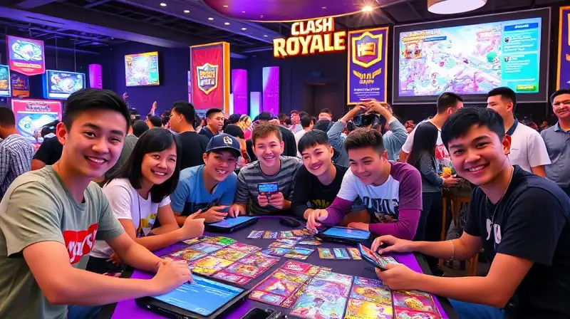 Jugadores emocionados en evento vibrante de Clash Royale