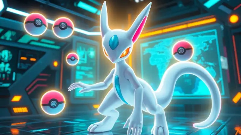 Mewtwo brillante en laboratorio futurista dinámico