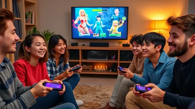 Amigos juegan videojuegos cooperativos alegres juntos