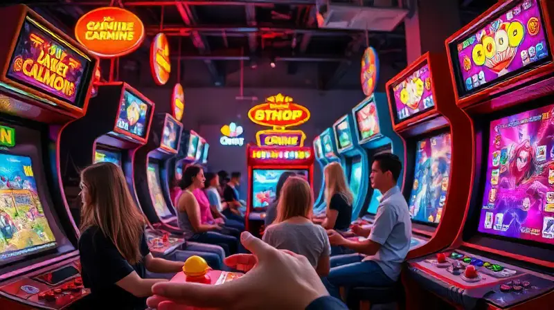 Máquinas arcade vibrantes y jugadores concentrados