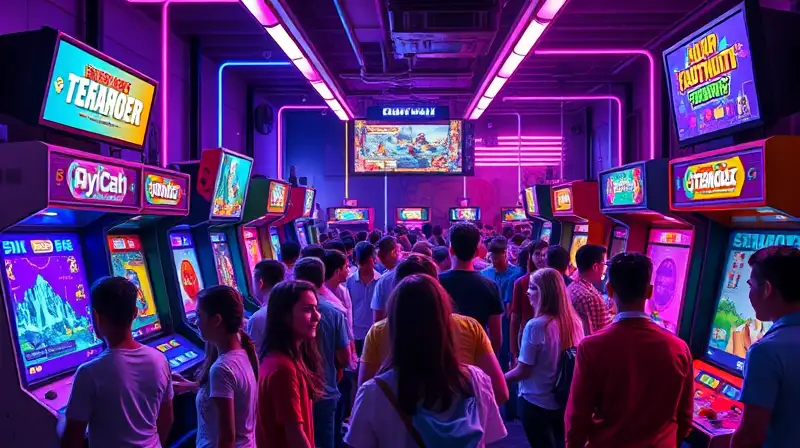 Arcade retro vibrante con jugadores y neón
