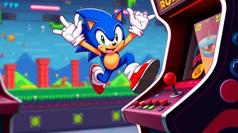 Sonic salta en nivel arcade retro vibrante