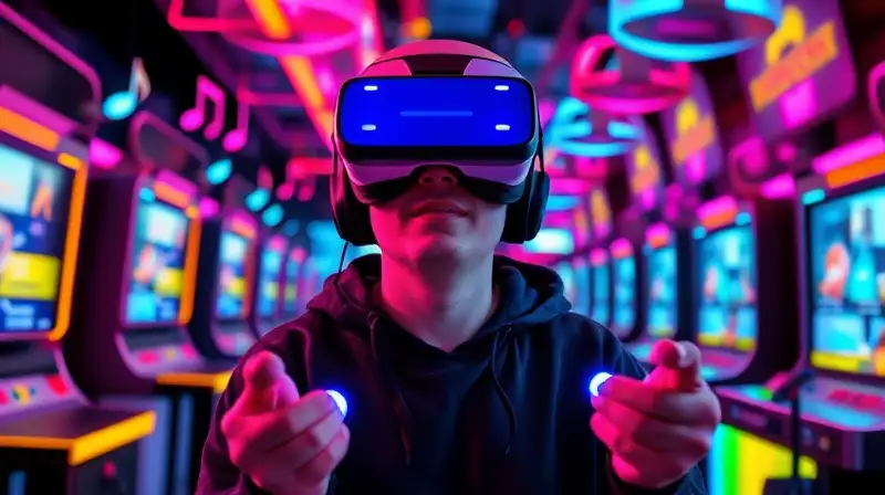 Persona con VR juega en arcade futurista