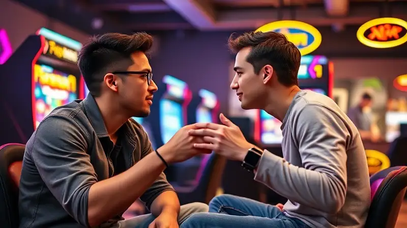 Dos gamers intensos, luces neón, cooperación