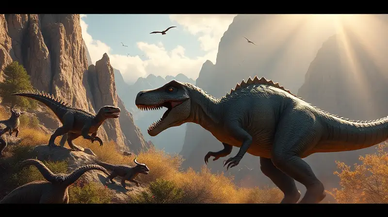 Dinosaurio feroz lucha en paisaje prehistórico