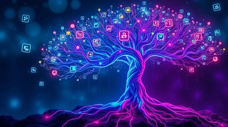 Árbol futurista brillante con circuitos tecnológicos