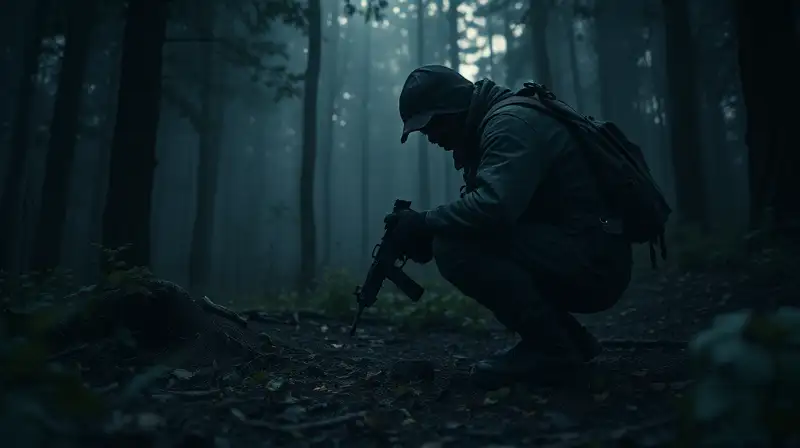 Jugador de Rust sigiloso en bosque al amanecer