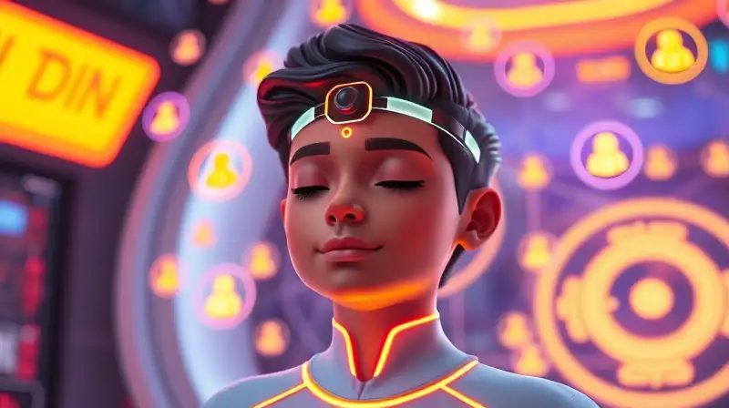Joven Sim meditando con interfaz neural futurista