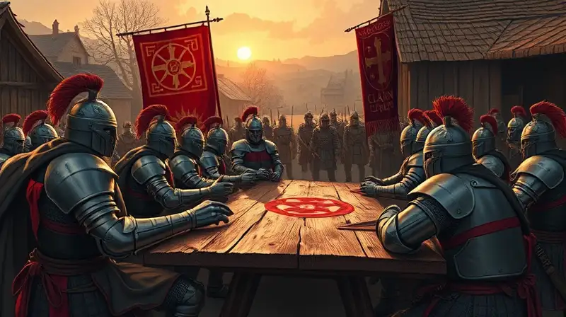 Clan medieval planifica batalla al atardecer