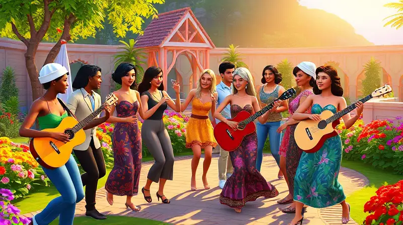Sims celebran alegremente en jardín colorido