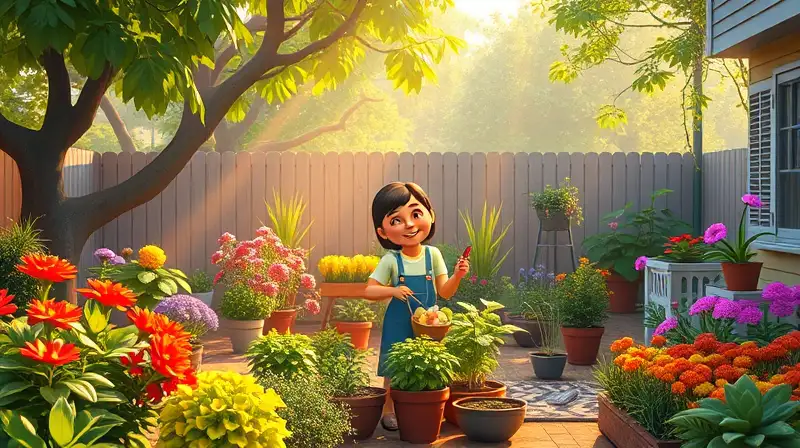 Sim feliz jardinea en jardín vibrante