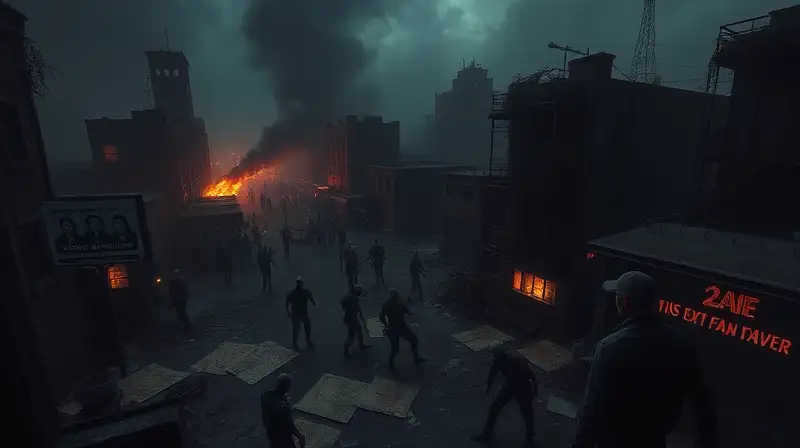 Ciudad postapocalíptica, superviviente, zombis y ruinas