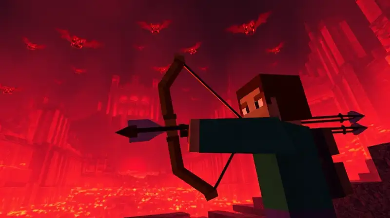 Jugador apunta con arco en Nether ardiente