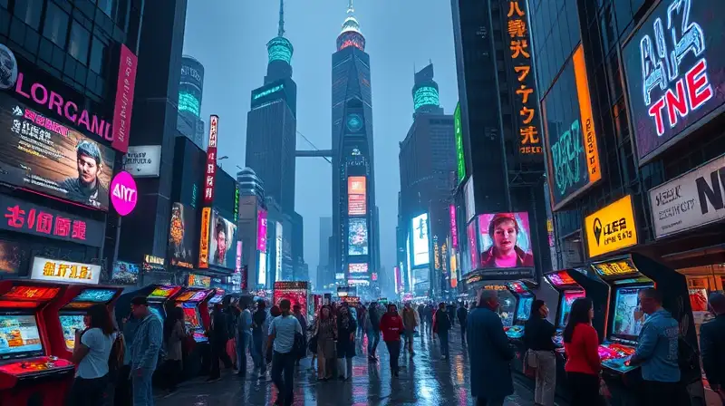 Ciudad futurista con juegos holográficos nocturnos