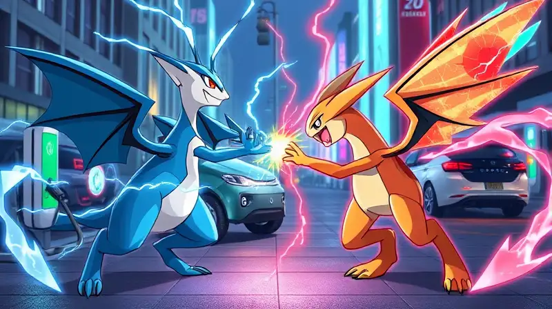 Dos Pokémon luchan en ciudad futurista electrificada