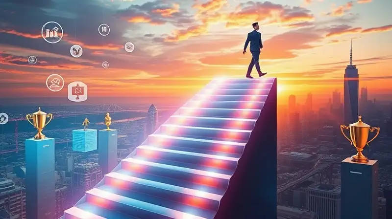 Líder confiado sube escalera brillante futurista