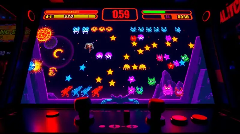 Pantalla arcade retro con acción y enemigos