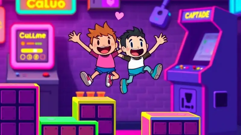 Dos personajes pixelados saltan juntos alegremente