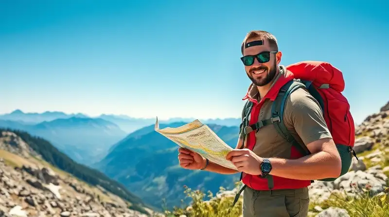 Senderista atento en montaña con mapa