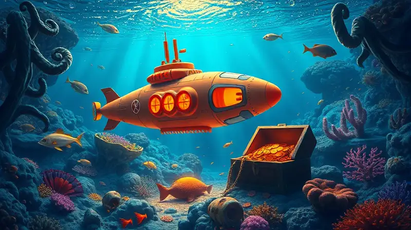 Submarino futurista Rust explora arrecifes brillantes