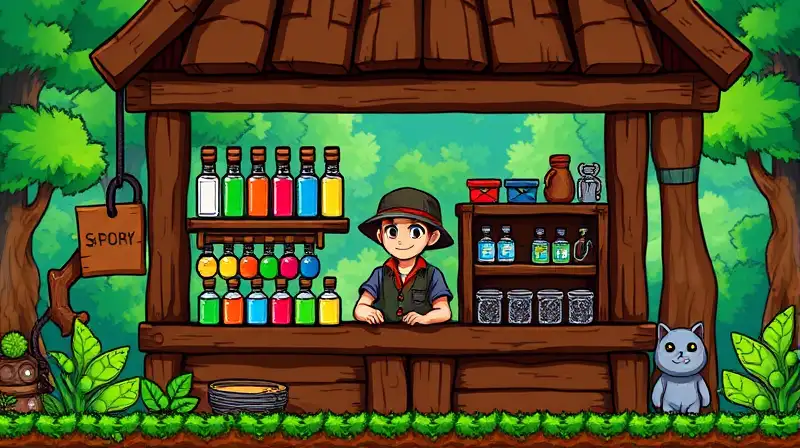 Comerciante de Terraria en colorido entorno pixelado