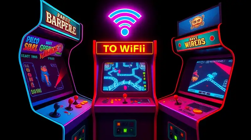 Máquinas arcade retro con luces y personajes pixelados