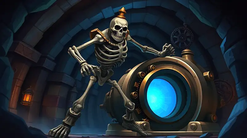 Esqueleto gigante steampunk con energía azul