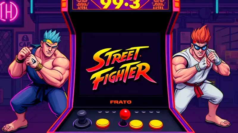 Máquina arcade retro con peleadores icónicos pixelados
