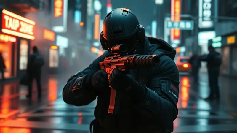 Soldado furtivo con arma silenciosa urbana