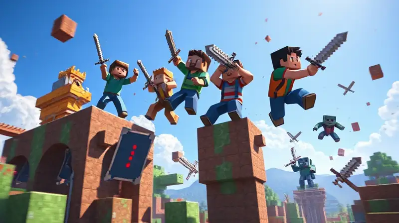 Personajes de Minecraft saltan y luchan