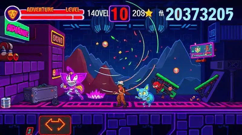 Escena arcade retro con acción y desafíos