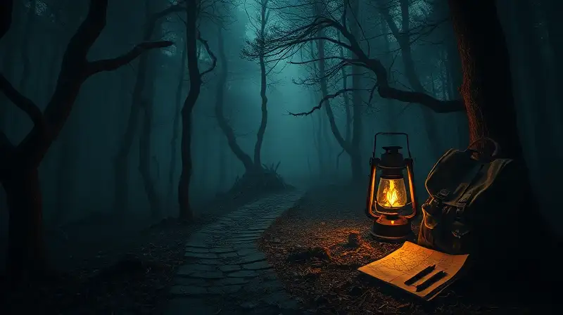 Bosque oscuro con linterna y mapa antiguo