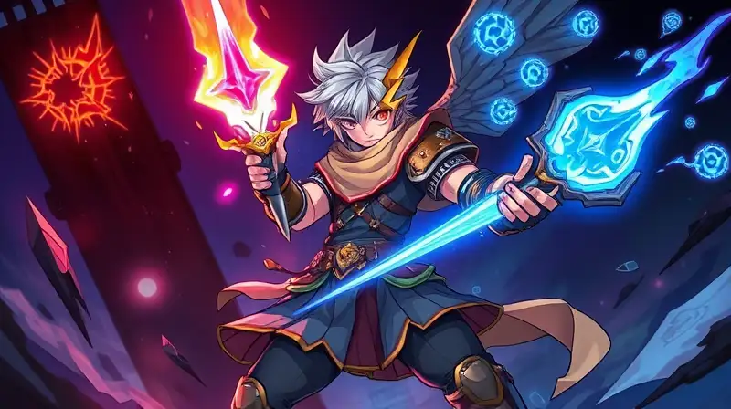 Personaje novato con armas brillantes místicas