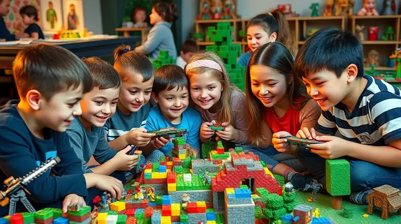 Niños y adultos juegan Minecraft juntos felizmente