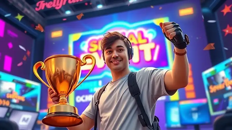Gamer celebra con trofeo y portal brillante