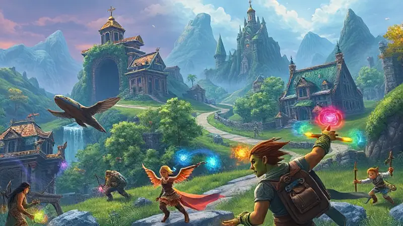 Zonas iniciales coloridas con aventureros y magia