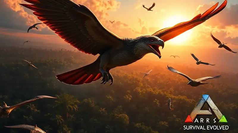Grifo volando sobre jungla en atardecer