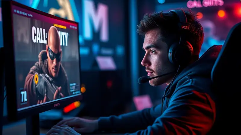 Gamer concentrado juega Call of Duty intensamente