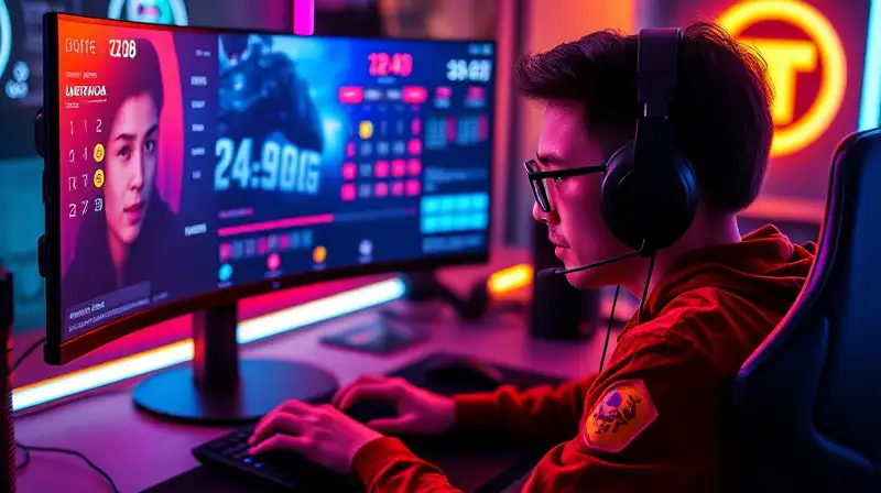 Gamer concentrado juega Valorant en ambiente vibrante